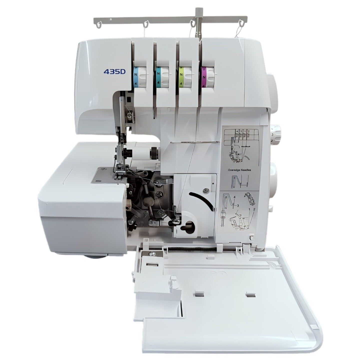Jaguar 435D Surjeteuse Overlock, 3/4 fils, enfilage codé par couleur, transport différentiel, coupe-fil automatique, bras libre, blanc.