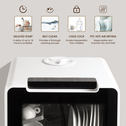 HAVA mini lave vaisselle, nouveau modèle amélioré 2024, 8 programmes de lavage, lave-vaisselle portable avec sécurité enfant et fonction de démarrage différé, réservoir d'eau de 5 L